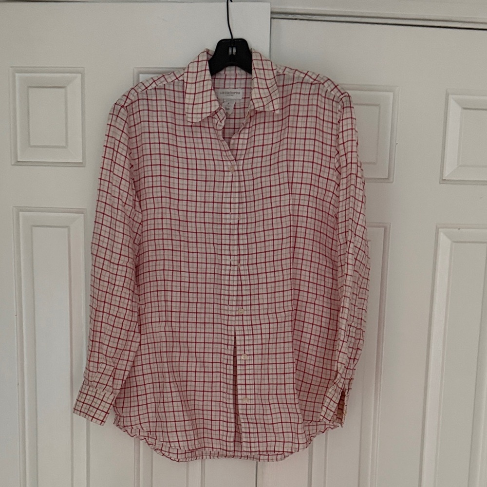 Liz Claiborne White Button-Down Shirt with Red Windowpane Check